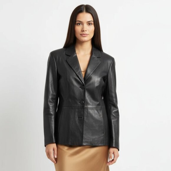 100% Leather Black Long Sleeve Blazer Jacket From Peck & Peck 10 - Picture 1 of 6